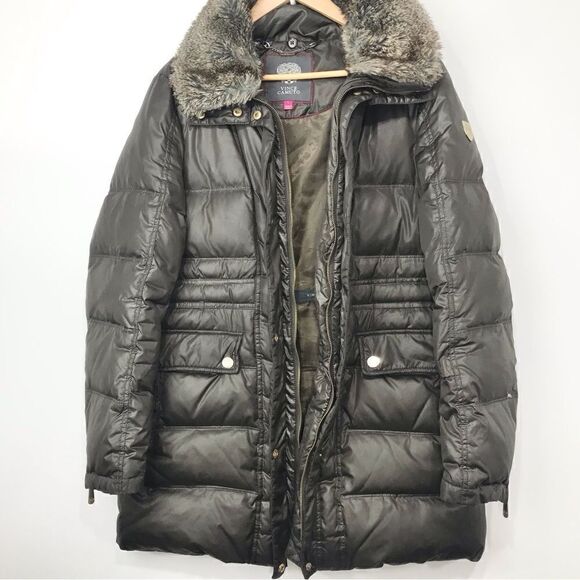 Vince Camuto Olive Green Quilted Faux Fur Collar Long Winter Jacket - Picture 2 of 16